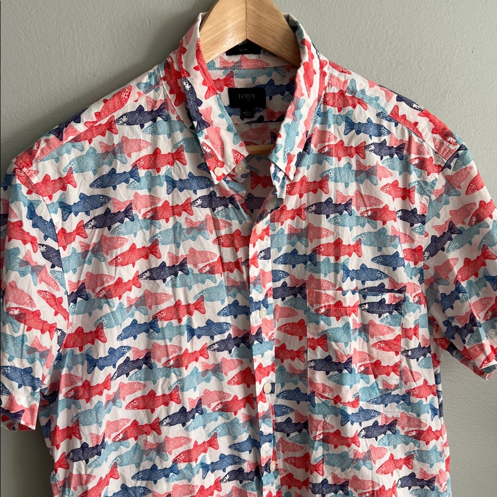 J. Crew Red and Blue Patterned Fish Print Casual Shirt Large
